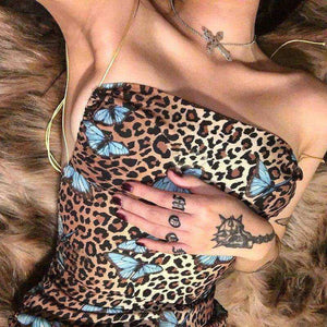 Aesthetic Backless Butterfly Leopard Print Mini Strap Lace Up Women Dresses