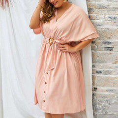 Women Autumn Plus Size 4XL V Neck Pure Color Full Sleeve Dress