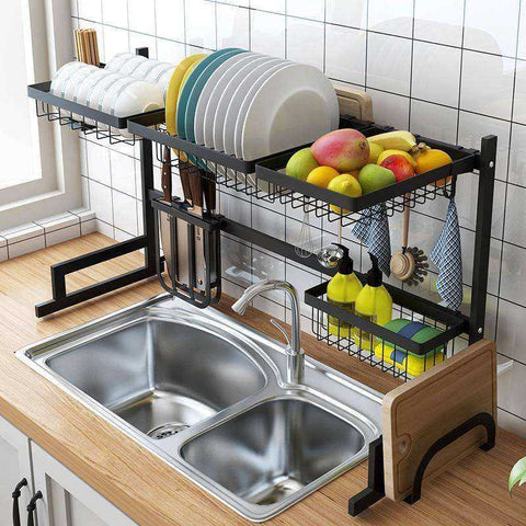 Image of Stainless steel 65 / 85cm black U-shaped kitchen dish rack holder storage