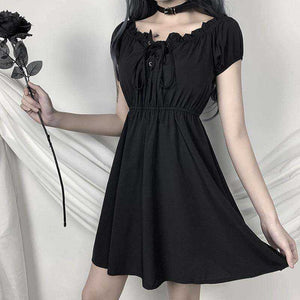 Sexy Gothic High Waist Off Shoulder Solid Black Casual Dress