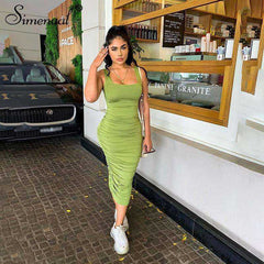 Women Fashion Ruched Sleeveless Skinny Hot Midi Dress