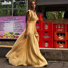 Embroidery Lace Up V Neck Boho Maxi Long Dress