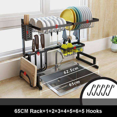 Image of Stainless steel 65 / 85cm black U-shaped kitchen dish rack holder storage