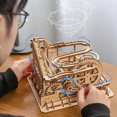 Image of Marble Run DIY Waterwheel Wooden Model Building Block Assembly Toy