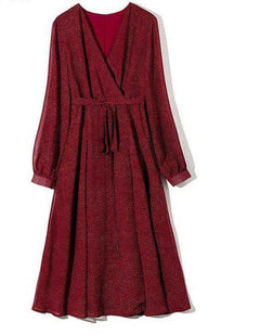 Women Bohemian Cross V-neck Sashes Mid-Calf Dot Print Long Sleeve Button Dress