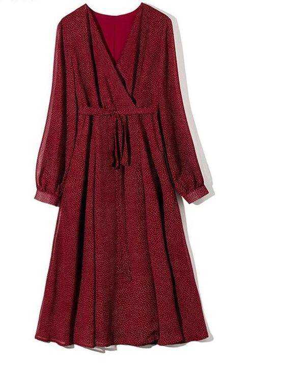 Women Bohemian Cross V-neck Sashes Mid-Calf Dot Print Long Sleeve Button Dress