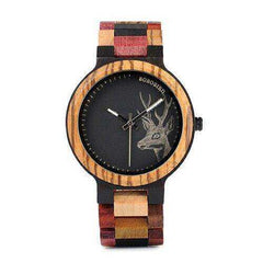 Lovers' Casual Quartz Elk Design Natural Wooden Watches with Mixed Colorful Wood Band