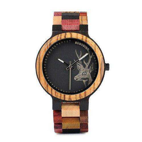 Image of Lovers' Casual Quartz Elk Design Natural Wooden Watches with Mixed Colorful Wood Band