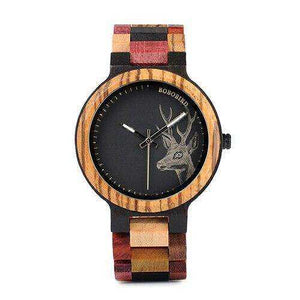 Lovers' Casual Quartz Elk Design Natural Wooden Watches with Mixed Colorful Wood Band