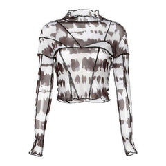 Women's Long Sleeves Sexy Backless Black Mesh Patchwork Crop Tops T-Shirt