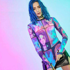 E-girl Cartoon Face Graphic Transparent Patchwork O-neck Long Sleeve T-shirts with Gloves