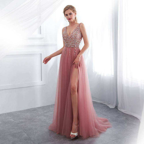 Image of Pink High Split Tulle Sweep Sleeveless A-line Lace Up Backless Evening Gown