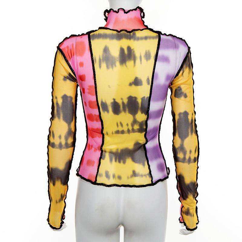 Women Turtleneck Long Sleeve Mesh Transparent Top Sexy Patchwork T Shirt