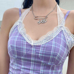 Lace Purple Plaid Strap Soft Cotton Mini Bodycon Dress Women