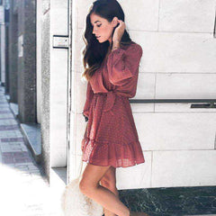 Women Three Quarter Sleeve Ruffles Lace Mini Chiffon Dress
