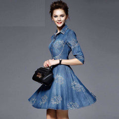 Women High Quality Summer Elegant Denim Dress Shirt Plus Size