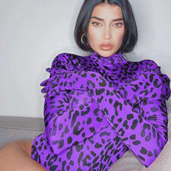 Red Leopard Print Turtleneck Bodysuit with Gloves Autumn Skinny Body Long Sleeve