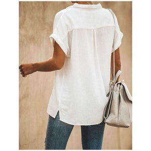 Summer Turn-Down Collar Short Sleeve Loose White Blouse