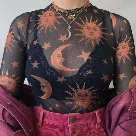 Women O-Neck Long Sleeve Sun Moon Printed Transparent Mesh Sexy T-Shirt