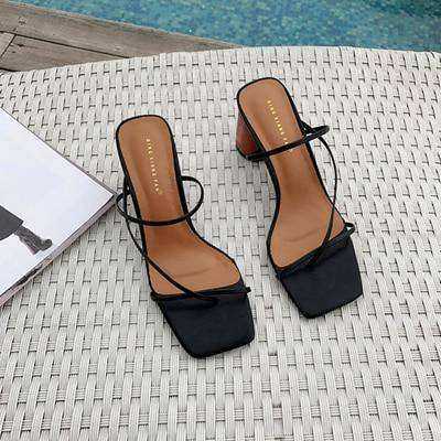 Image of Wood Vintage Square Toe Narrow Band Women High Heel Sandals