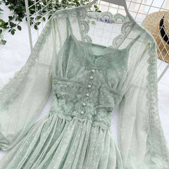 Sweet Tulle Long Sleeve V Neck Polka Dot Bohemian Slim Fairy Dress