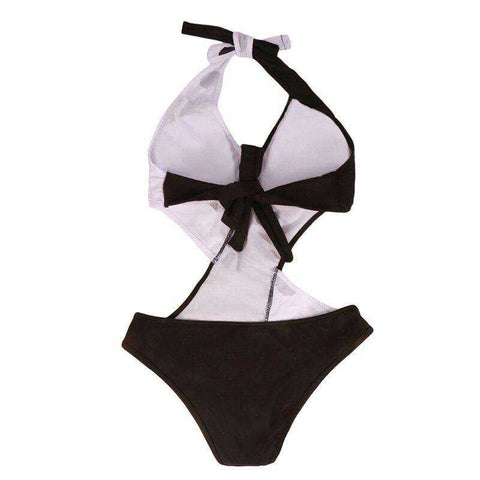 Image of Women Swimsuit Polka Dot Patchwork Strap One Piece Bikini V Neck Trikini Swimwear