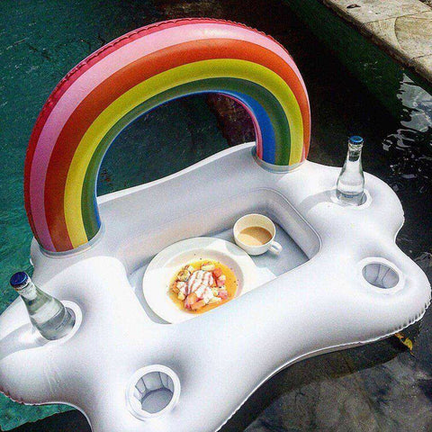 Summer Inflatable Pool Raft Float Bucket Rainbow Cloud Cup & Food Plate Holder