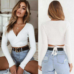 Summer Wear Long Sleeve T Shirt Cross V Neck Sexy Crop Top For Women