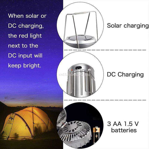 6 in 1 Portable Outdoor LED Camping Lantern With Fan Solar Rechargeable