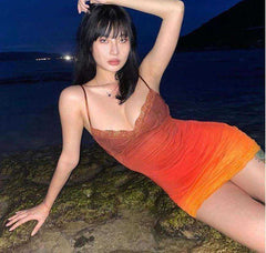 Fashionable Sexy V Neck Spaghetti Straps Gradient Color Women Mini Dress