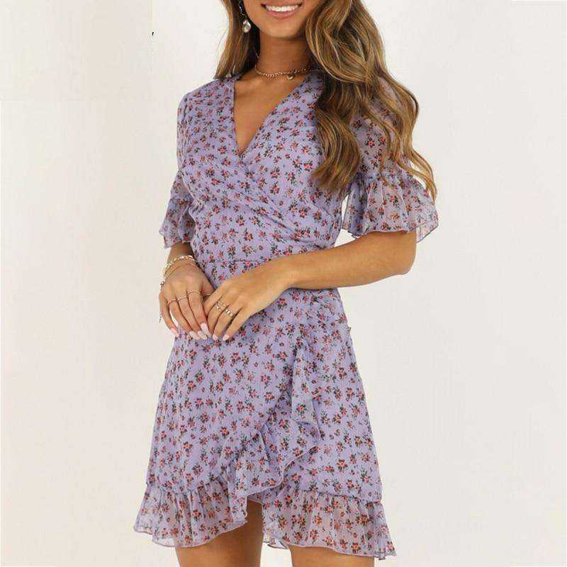Women Sexy V Neck Lilac Floral Wrap Dress