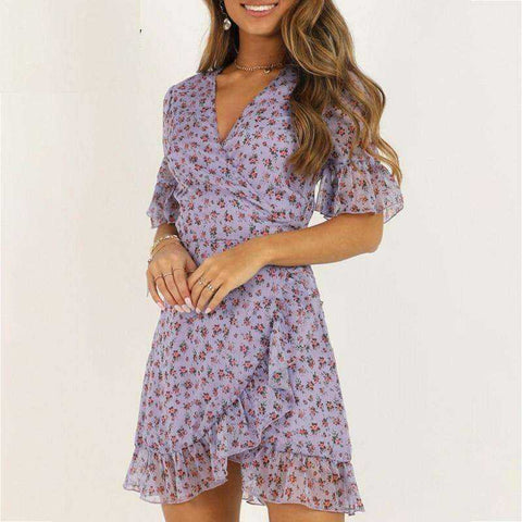 Image of Women Sexy V Neck Lilac Floral Wrap Dress