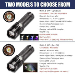 Rechargeable LED Flashlight With 4 Core P50 and 4 Colors LED Chip