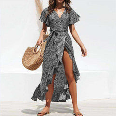 Summer Beach Maxi Floral Print Boho Long Ruffles Wrap Casual V-Neck Dress Women