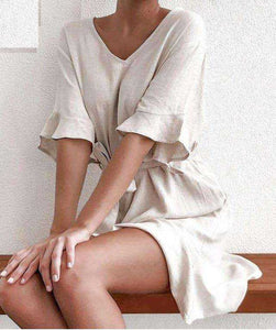 Solid Cotton Linen  Short Sleeve V Neck Mini A-line Summer Dress