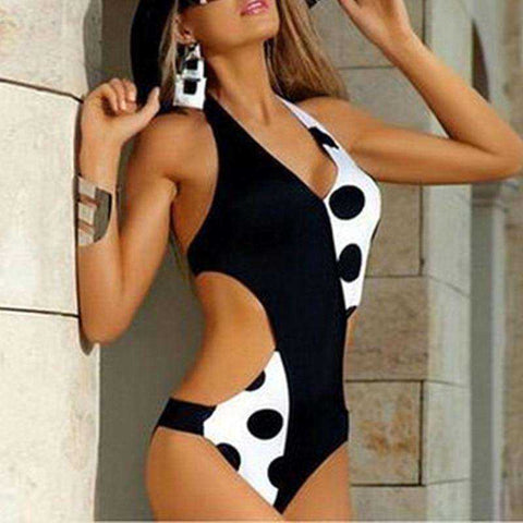 Image of Women Swimsuit Polka Dot Patchwork Strap One Piece Bikini V Neck Trikini Swimwear