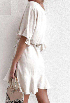 Solid Cotton Linen  Short Sleeve V Neck Mini A-line Summer Dress