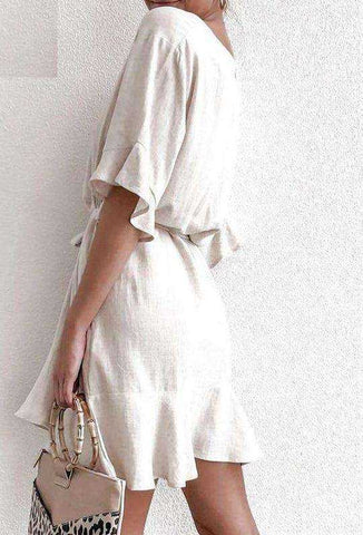 Image of Solid Cotton Linen  Short Sleeve V Neck Mini A-line Summer Dress