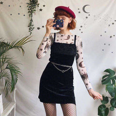Women O-Neck Long Sleeve Sun Moon Printed Transparent Mesh Sexy T-Shirt