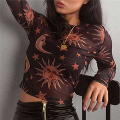 Women O-Neck Long Sleeve Sun Moon Printed Transparent Mesh Sexy T-Shirt