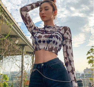 Women's Long Sleeves Sexy Backless Black Mesh Patchwork Crop Tops T-Shirt