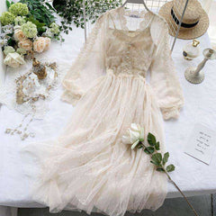Sweet Tulle Long Sleeve V Neck Polka Dot Bohemian Slim Fairy Dress