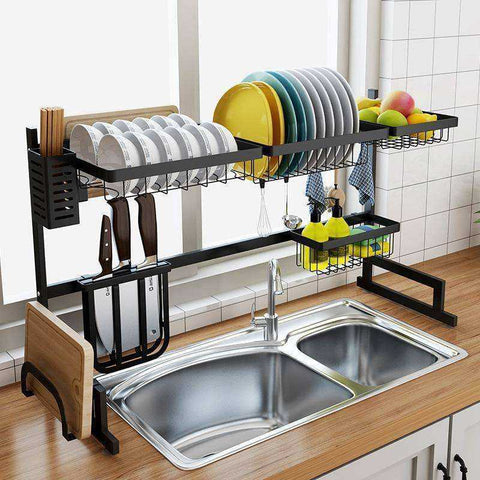 Image of Stainless steel 65 / 85cm black U-shaped kitchen dish rack holder storage