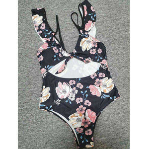 Sexy Black Floral Front Tie High Waist Off Shoulder Swimsuit Monokini One Piece
