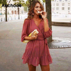 Women Three Quarter Sleeve Ruffles Lace Mini Chiffon Dress