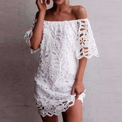 Women's Lace Crochet Boat Neck Off Shoulder Short Sleeve White Dress
