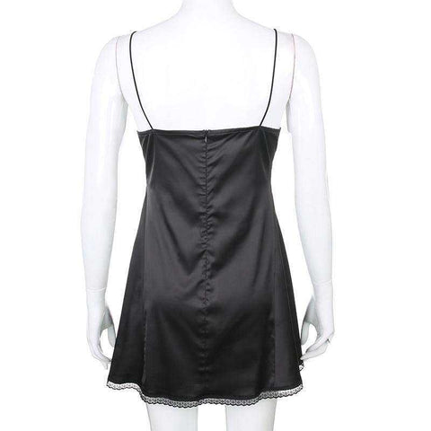 Image of Women's Satin Lace Patchwork Backless V Neck  Mini Side Split Black Dress