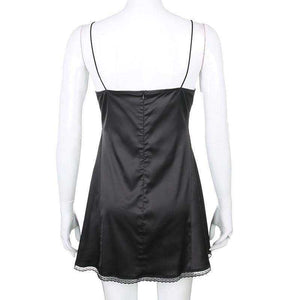 Women's Satin Lace Patchwork Backless V Neck  Mini Side Split Black Dress