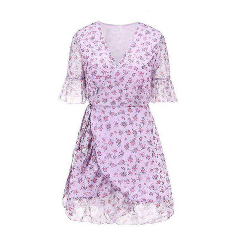 Image of Women Sexy V Neck Lilac Floral Wrap Dress