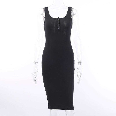 Image of Knitted Elastic V-Neck Button Sleeveless Knee-Length Slim Dress